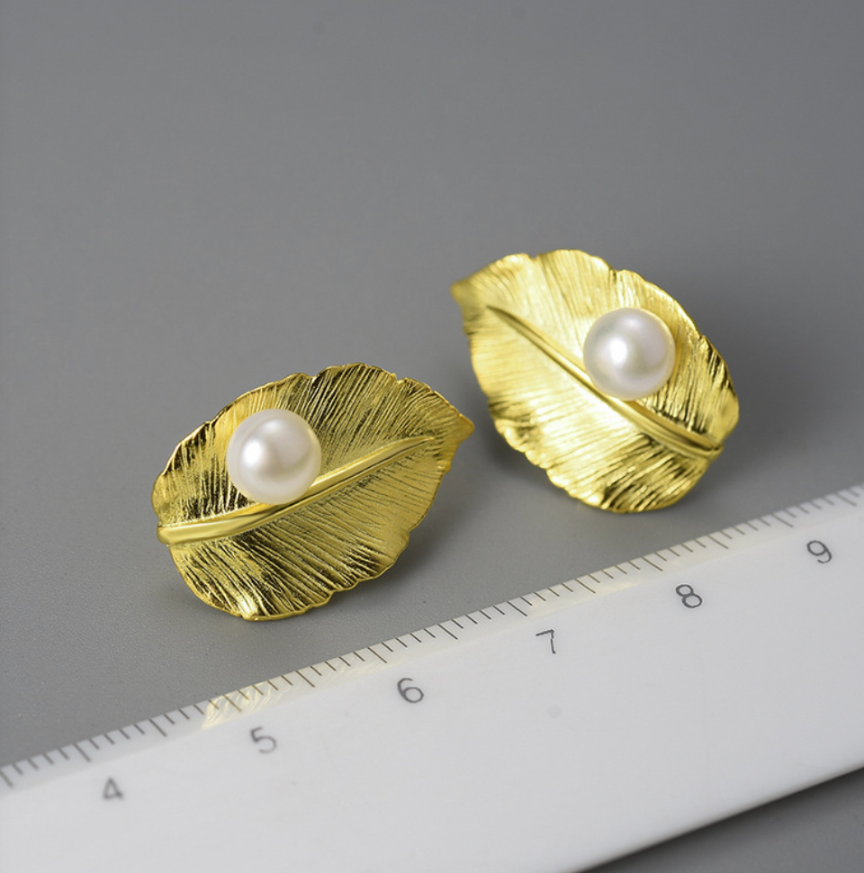 Golden Leaf & Pearl Sterling Stud Earrings,Sterling Silver 18K Gold Plated