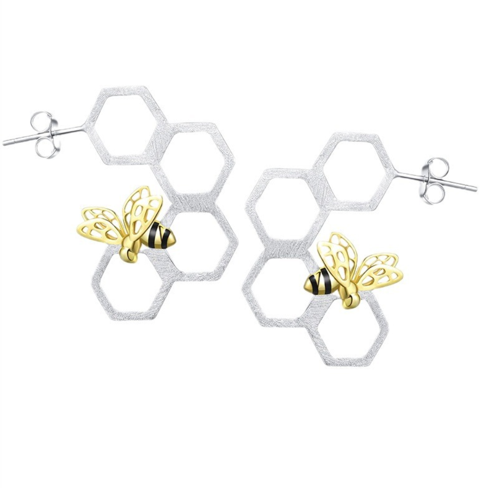 Golden Bee & Silver Honeycomb Sterling Stud Earrings,Sterling Silver 18K Gold Plated