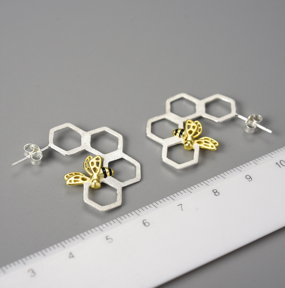 Golden Bee & Silver Honeycomb Sterling Stud Earrings,Sterling Silver 18K Gold Plated