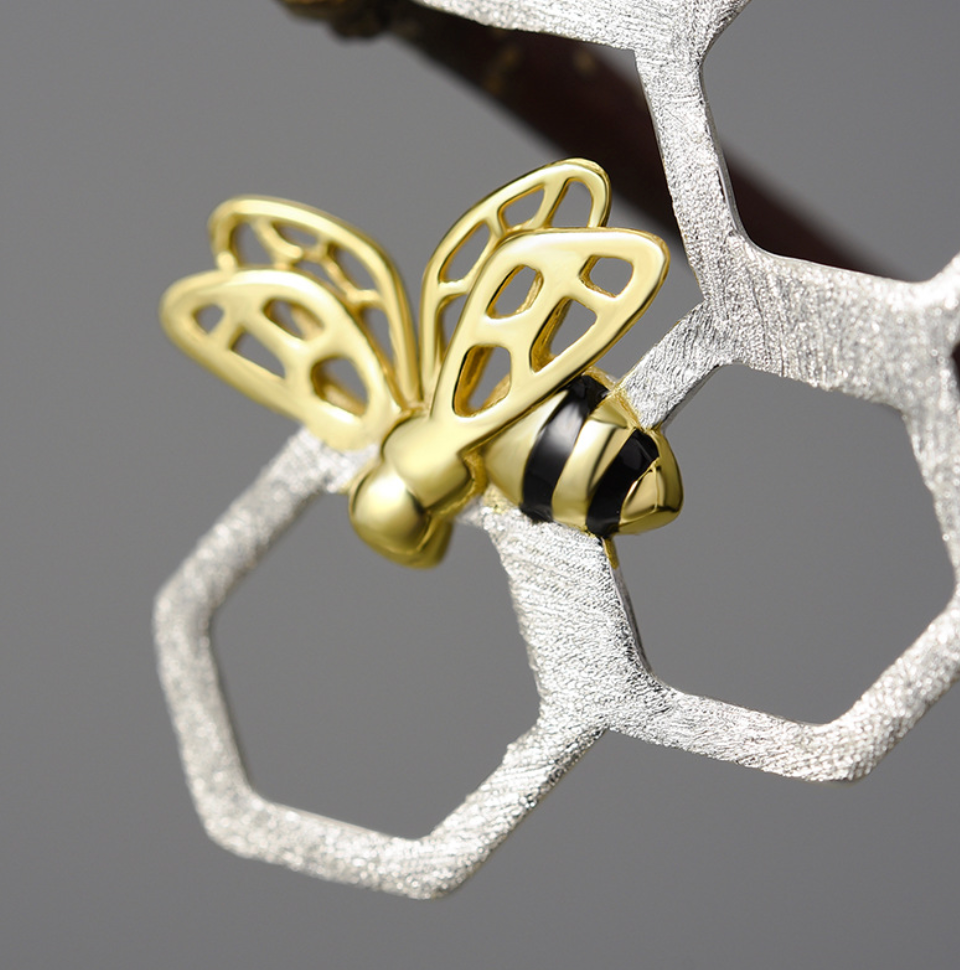 Golden Bee & Silver Honeycomb Sterling Stud Earrings,Sterling Silver 18K Gold Plated