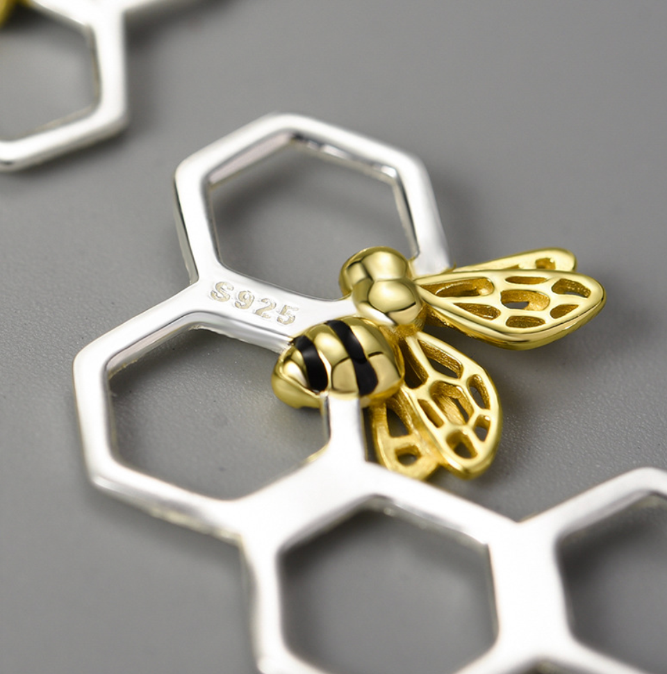 Golden Bee & Silver Honeycomb Sterling Stud Earrings,Sterling Silver 18K Gold Plated