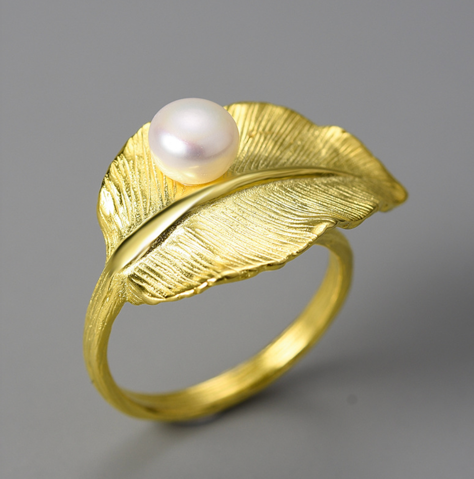 Golden Leaf and Pearl Ring,Sterling Silver 18K Gold Plated