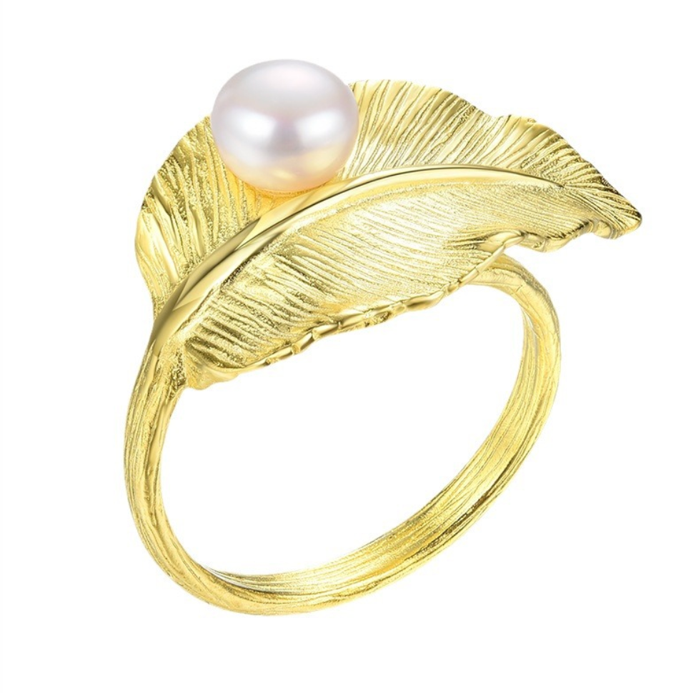 Golden Leaf and Pearl Ring,Sterling Silver 18K Gold Plated