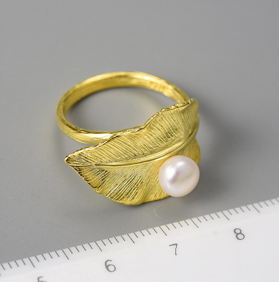 Golden Leaf and Pearl Ring,Sterling Silver 18K Gold Plated