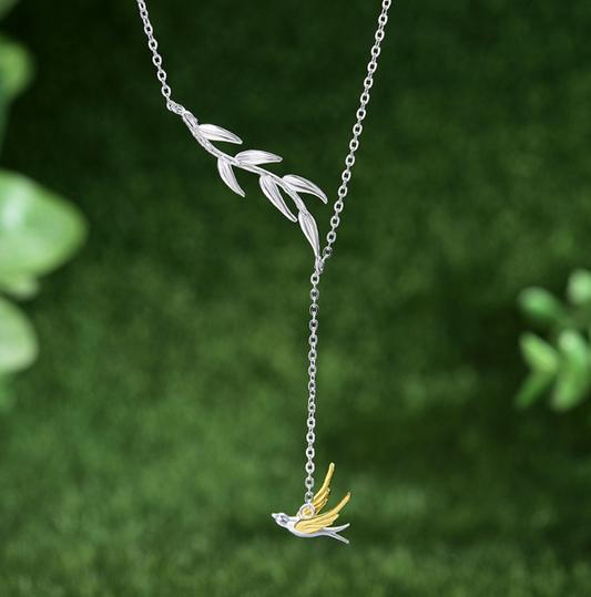 Spring Whisper Swallow & Willow Sterling Necklace,Sterling Silver 18K Gold Plated