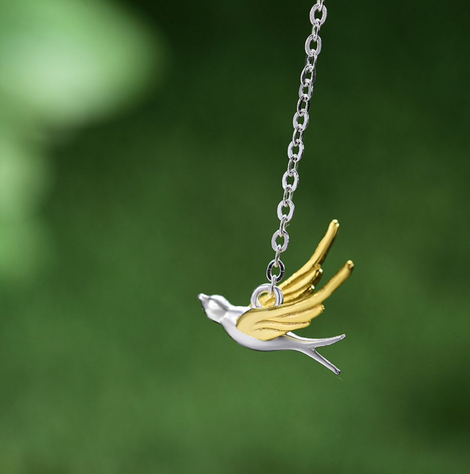 Spring Whisper Swallow & Willow Sterling Necklace,Sterling Silver 18K Gold Plated