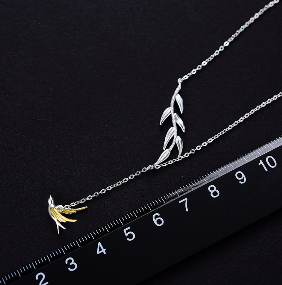 Spring Whisper Swallow & Willow Sterling Necklace,Sterling Silver 18K Gold Plated