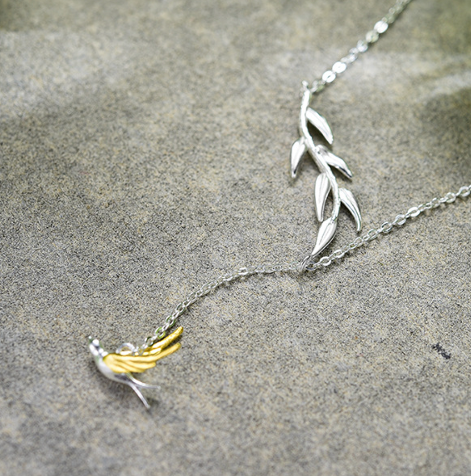 Spring Whisper Swallow & Willow Sterling Necklace,Sterling Silver 18K Gold Plated