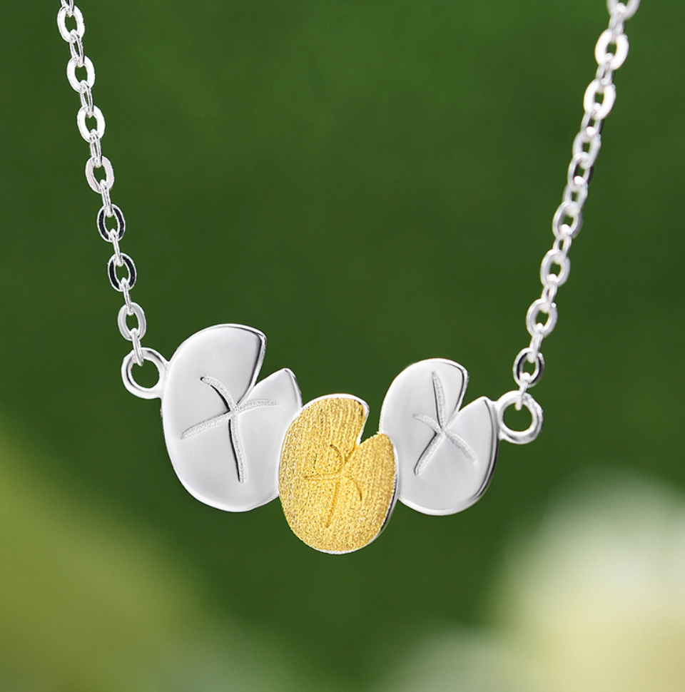 Monet's Garden Bicolor Water Lily Flower Leaves Necklace,Sterling Silver 18K Gold Plated