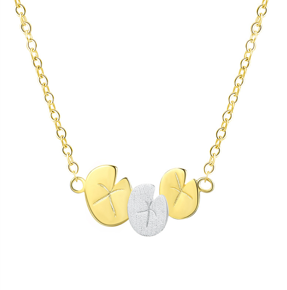 Monet's Garden Bicolor Water Lily Flower Leaves Necklace,Sterling Silver 18K Gold Plated