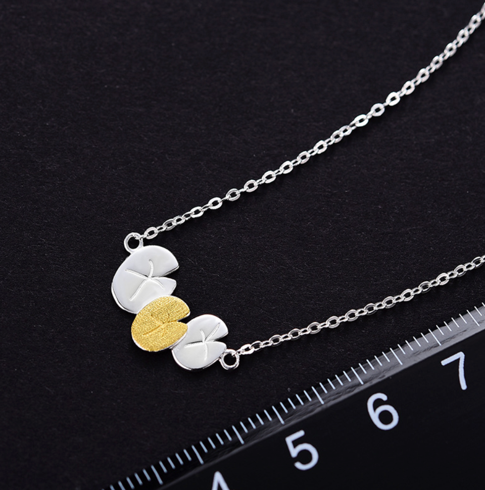 Monet's Garden Bicolor Water Lily Flower Leaves Necklace,Sterling Silver 18K Gold Plated