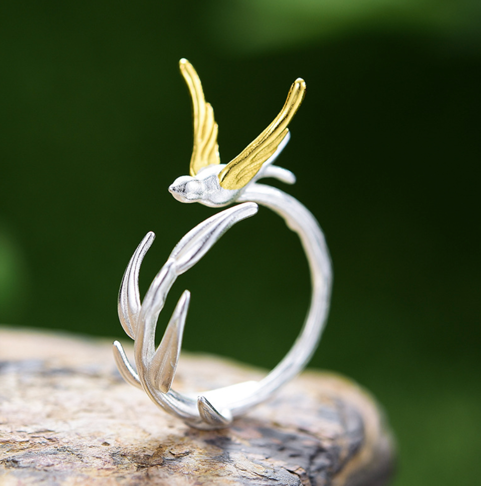 Golden Winged Swallow & Willow Leaf Sterling Open Ring, Sterling Silver 18K Gold Plated