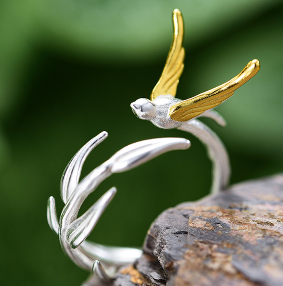 Golden Winged Swallow & Willow Leaf Sterling Open Ring, Sterling Silver 18K Gold Plated