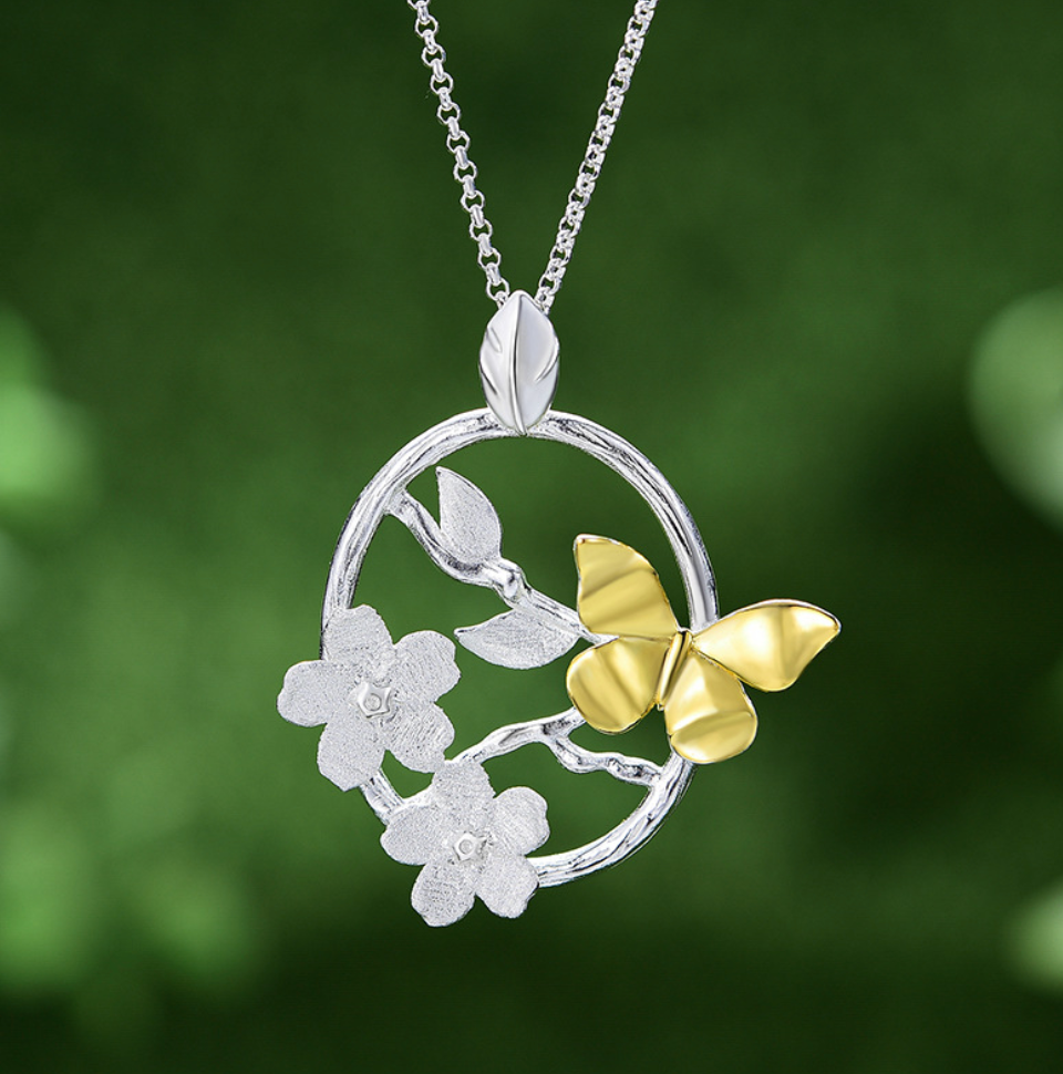 Golden Butterfly in Silver Garden Sterling Pendant,Sterling Silver 18K Gold Plated(Chain not included)