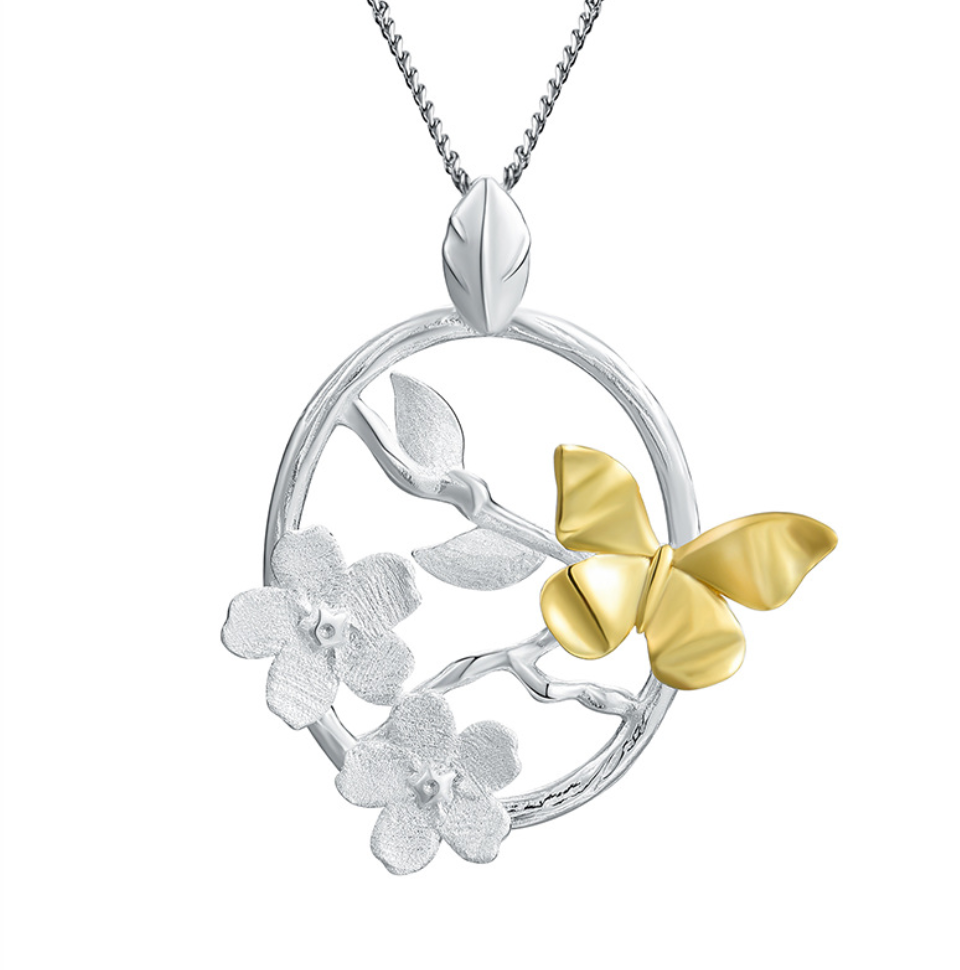 Golden Butterfly in Silver Garden Sterling Pendant,Sterling Silver 18K Gold Plated(Chain not included)