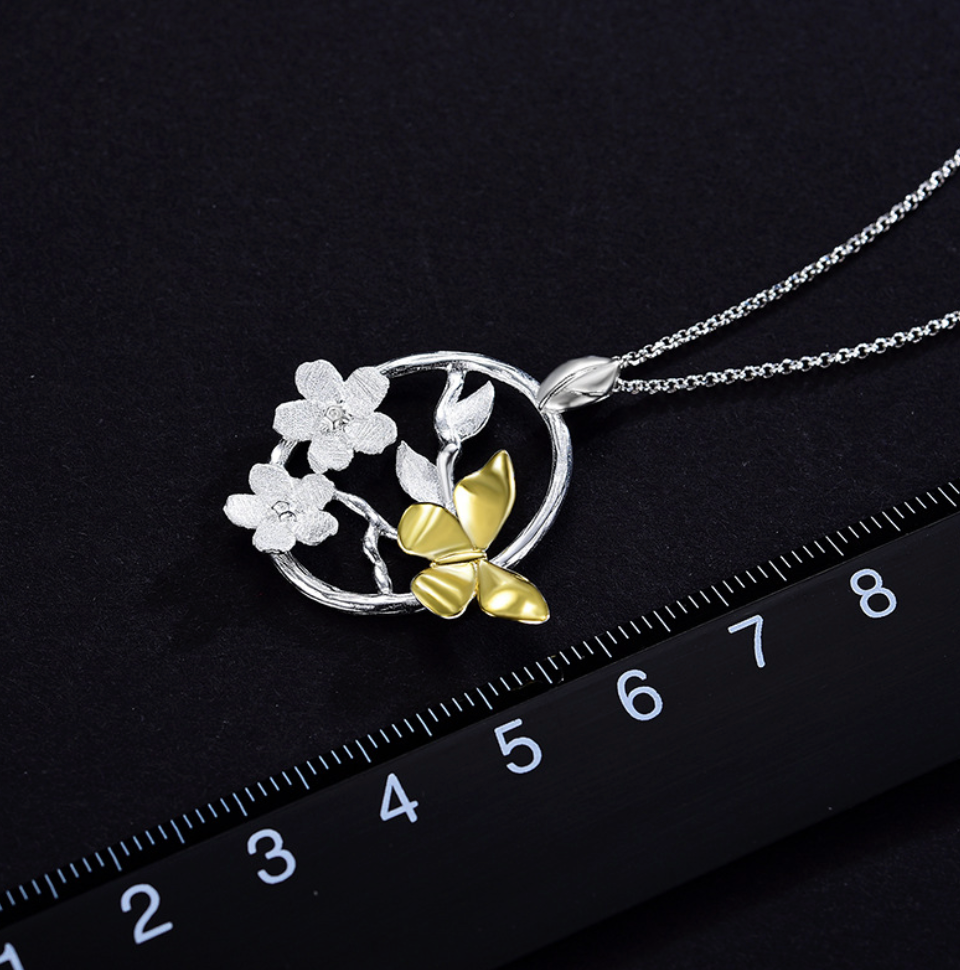 Golden Butterfly in Silver Garden Sterling Pendant,Sterling Silver 18K Gold Plated(Chain not included)