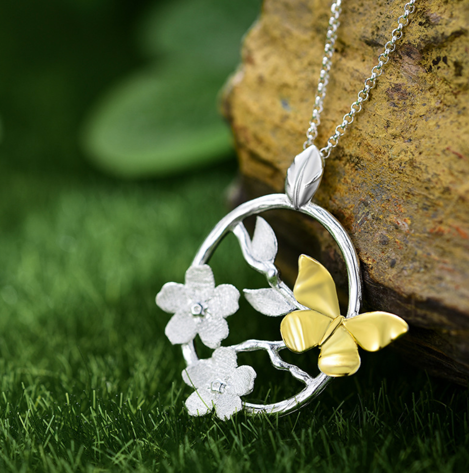 Golden Butterfly in Silver Garden Sterling Pendant,Sterling Silver 18K Gold Plated(Chain not included)