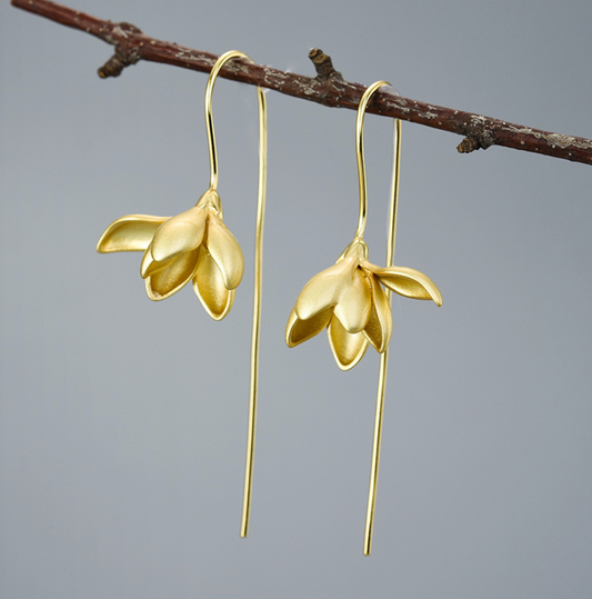 Golden Half-Bloom Magnolia Sterling Drop Earrings,Sterling Silver 18K Gold Plated