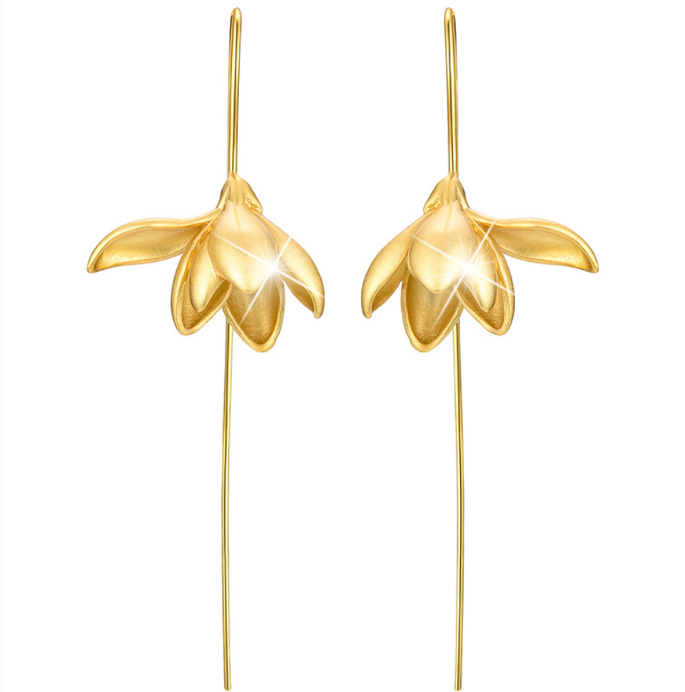 Golden Half-Bloom Magnolia Sterling Drop Earrings,Sterling Silver 18K Gold Plated