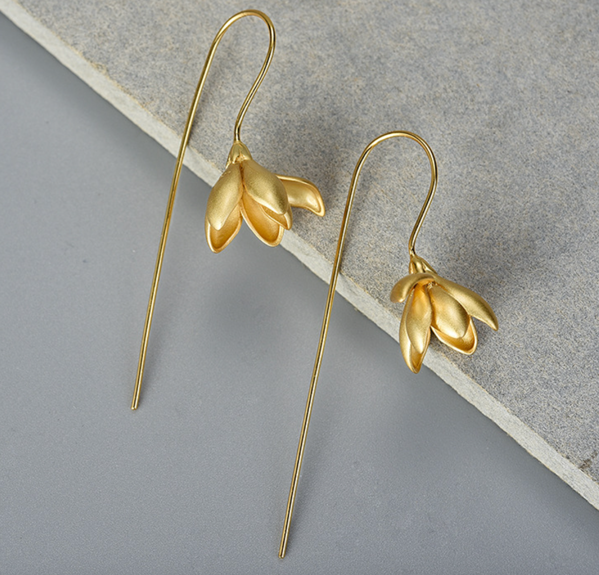 Golden Half-Bloom Magnolia Sterling Drop Earrings,Sterling Silver 18K Gold Plated