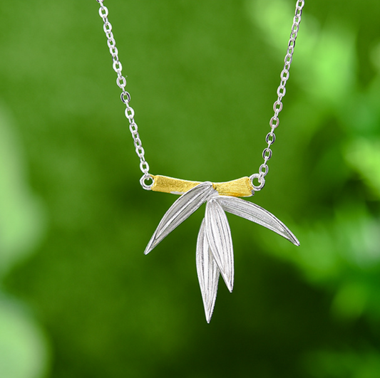 Golden Bamboo with Silver Leaves Sterling Pendant,Sterling Silver 18K Gold Plated