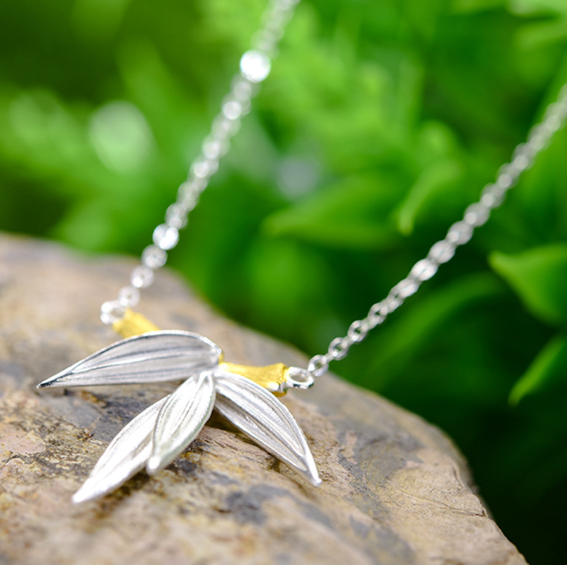 Golden Bamboo with Silver Leaves Sterling Pendant,Sterling Silver 18K Gold Plated