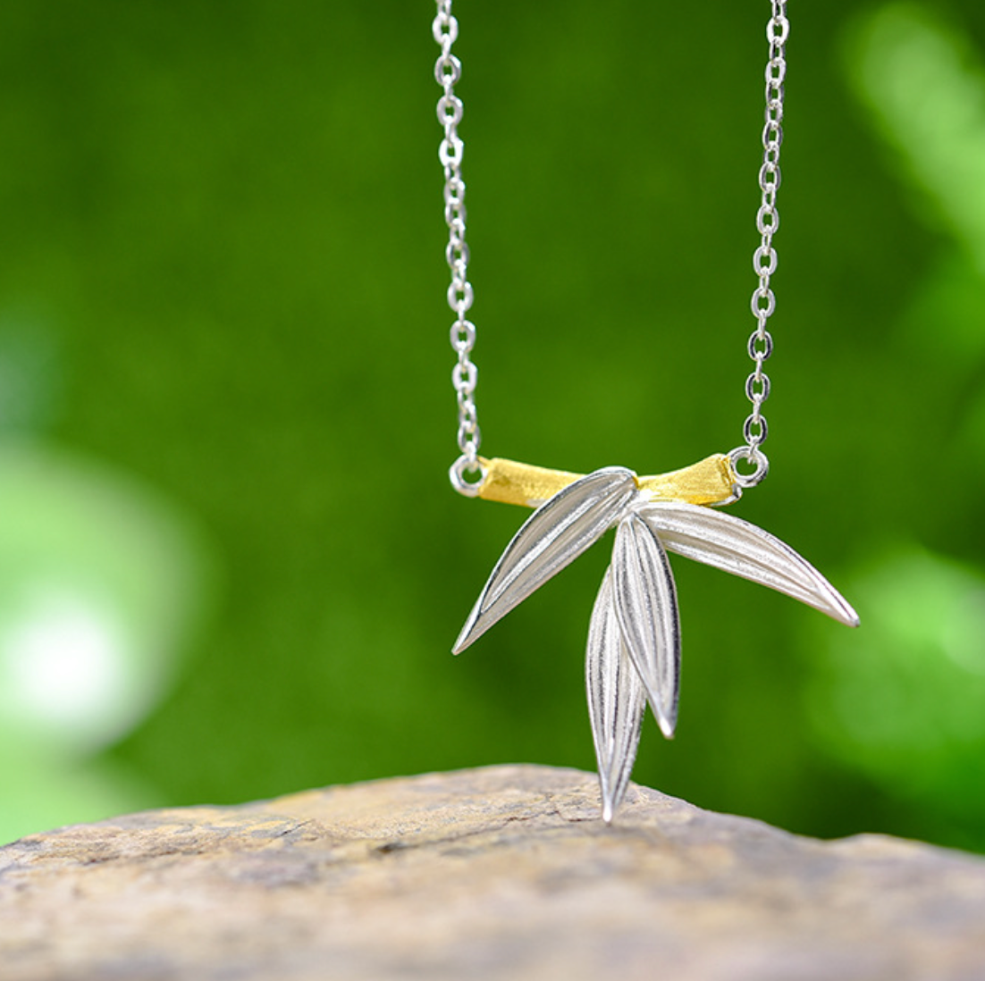 Golden Bamboo with Silver Leaves Sterling Pendant,Sterling Silver 18K Gold Plated