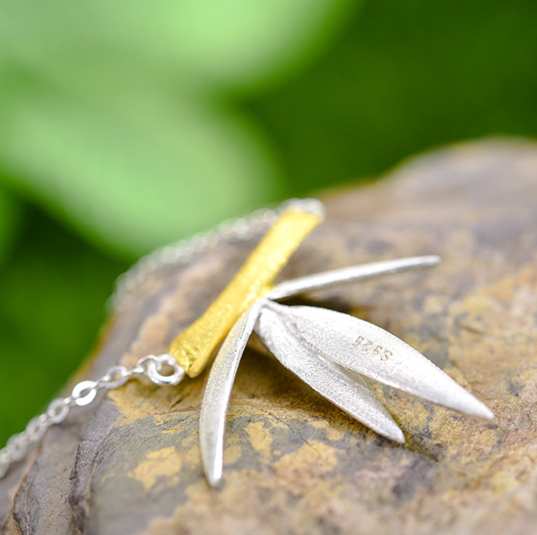 Golden Bamboo with Silver Leaves Sterling Pendant,Sterling Silver 18K Gold Plated