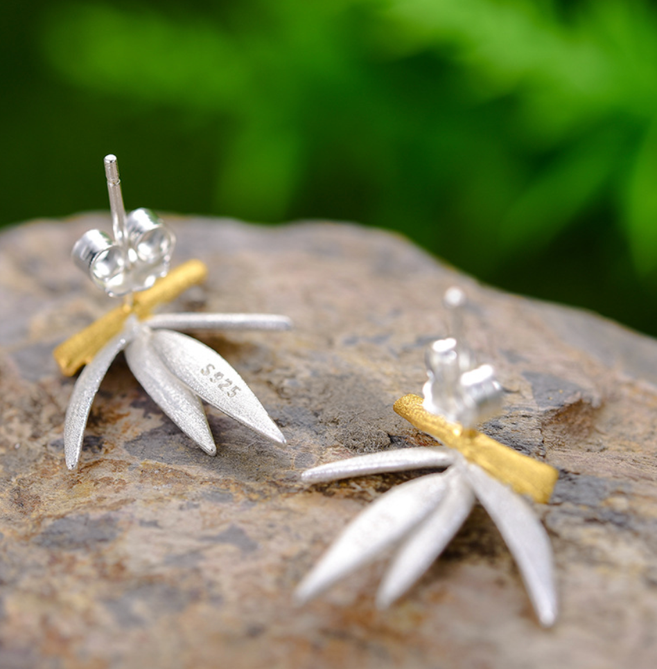 Golden Bamboo with Silver Leaves Sterling Stud Earrings,Sterling Silver 18K Gold Plated