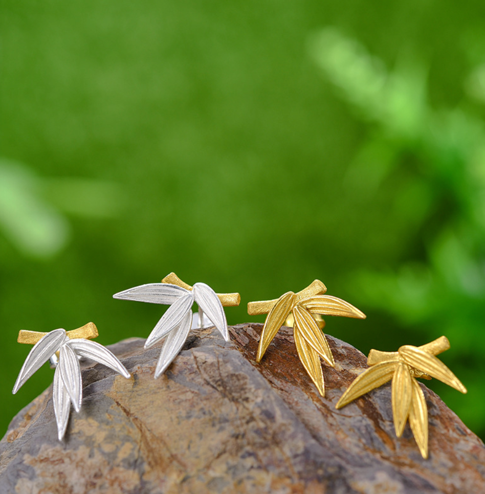 Golden Bamboo with Silver Leaves Sterling Stud Earrings,Sterling Silver 18K Gold Plated