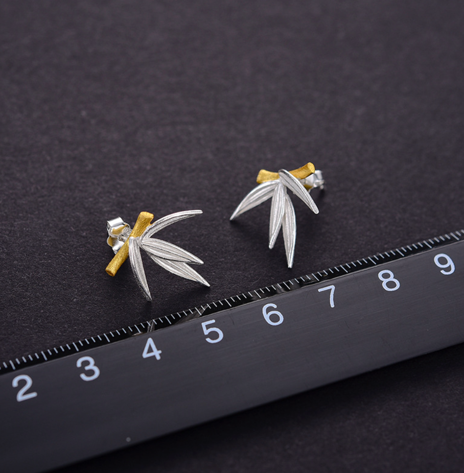 Golden Bamboo with Silver Leaves Sterling Stud Earrings,Sterling Silver 18K Gold Plated