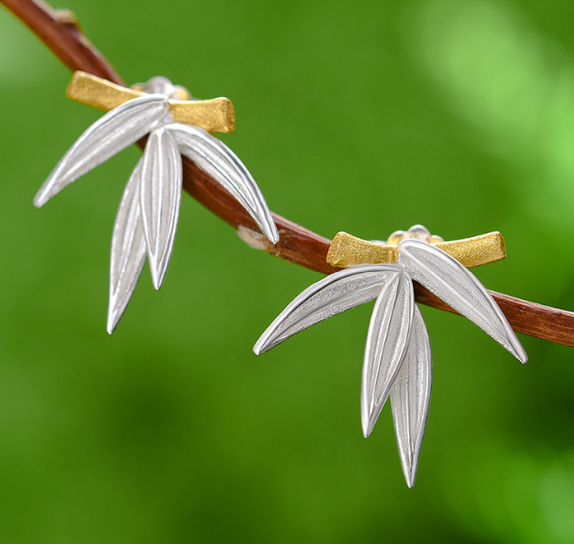 Golden Bamboo with Silver Leaves Sterling Stud Earrings,Sterling Silver 18K Gold Plated