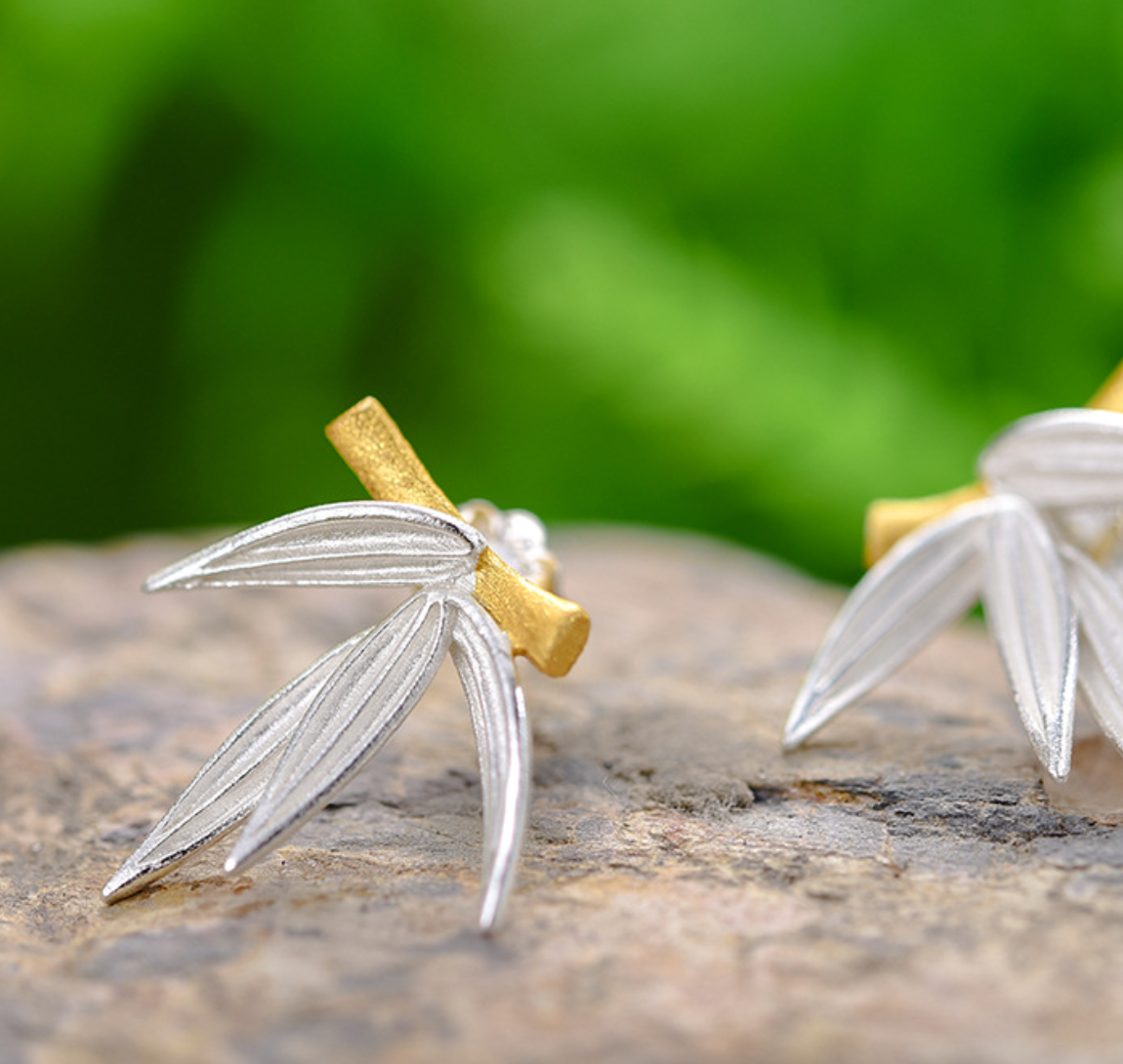 Golden Bamboo with Silver Leaves Sterling Stud Earrings,Sterling Silver 18K Gold Plated