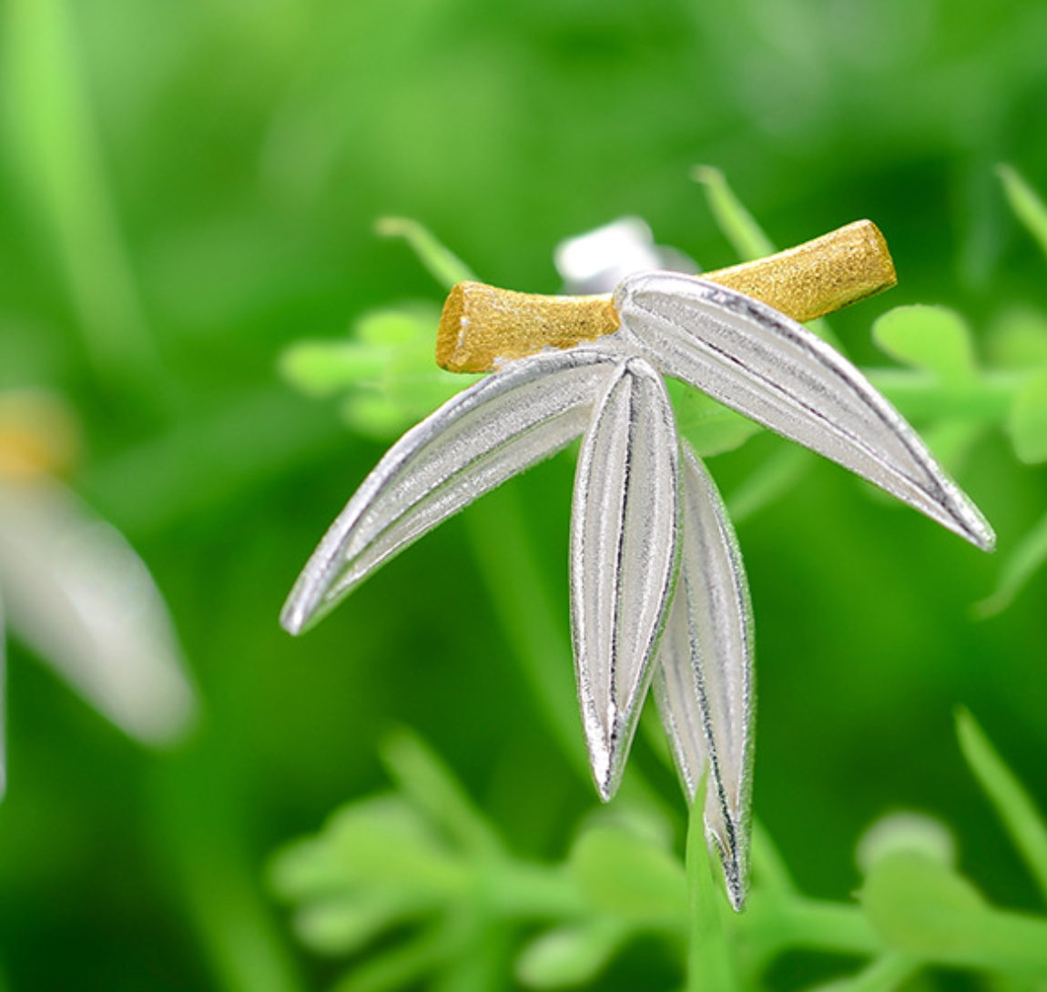 Golden Bamboo with Silver Leaves Sterling Stud Earrings,Sterling Silver 18K Gold Plated