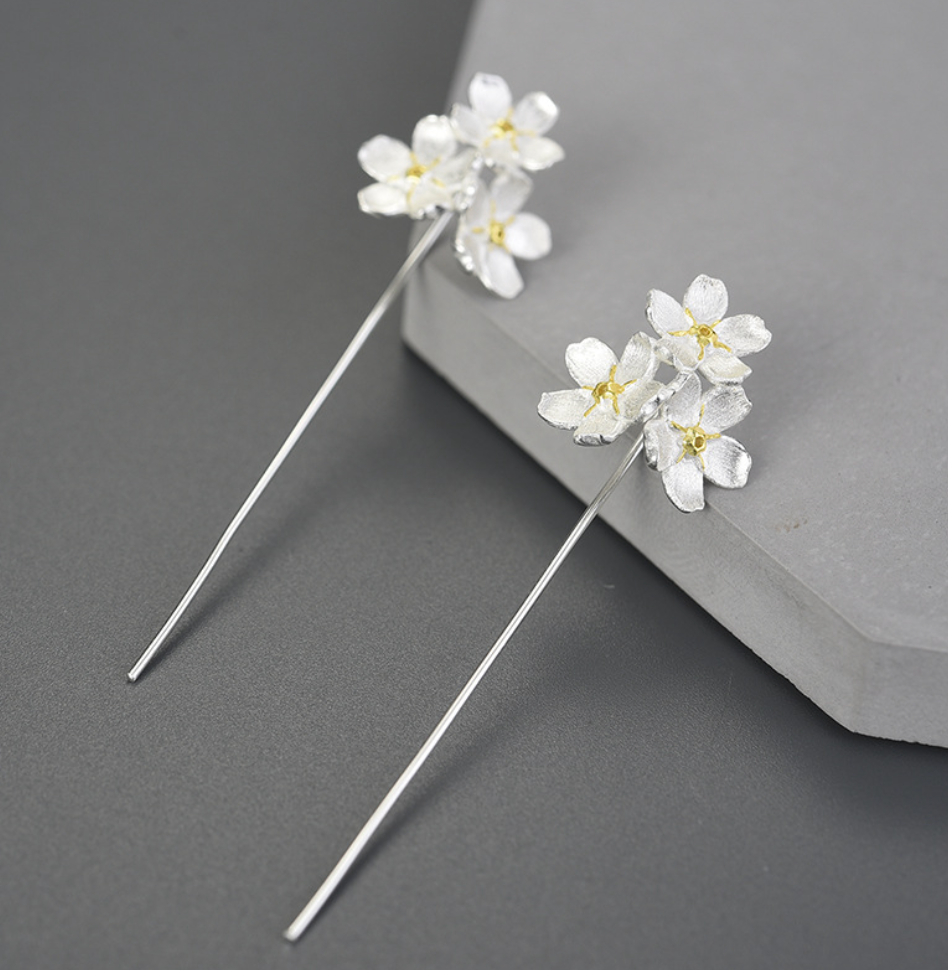 Forget-Me-Not Cluster Sterling Silver Stud Earrings with Silver Tassels