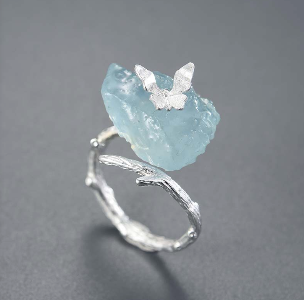 Butterfly Over Arctic Seas Aquamarine Adjustable Sterling Ring