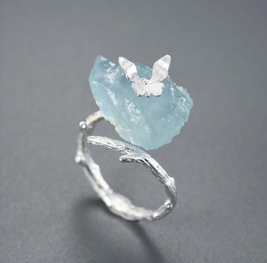 Butterfly Over Arctic Seas Aquamarine Adjustable Sterling Ring