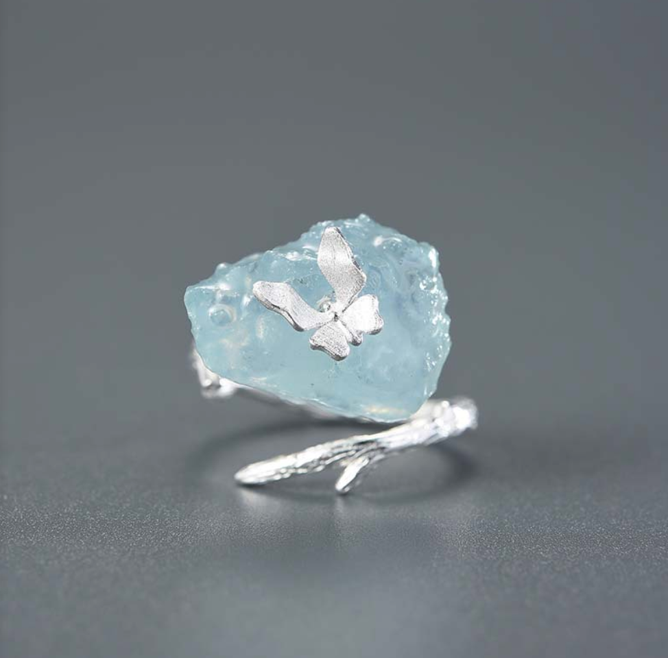 Butterfly Over Arctic Seas Aquamarine Adjustable Sterling Ring