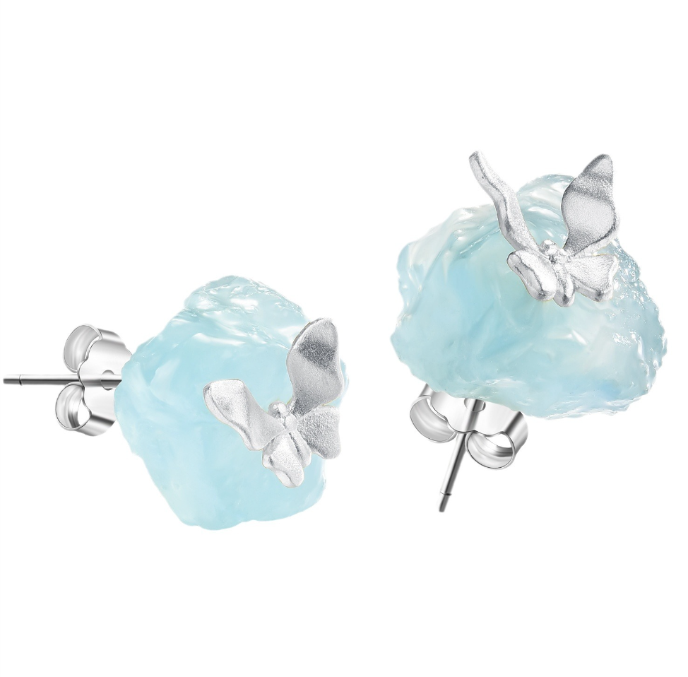 Arctic Butterfly Aquamarine Sterling Silver White Gold Plated Stud Earrings