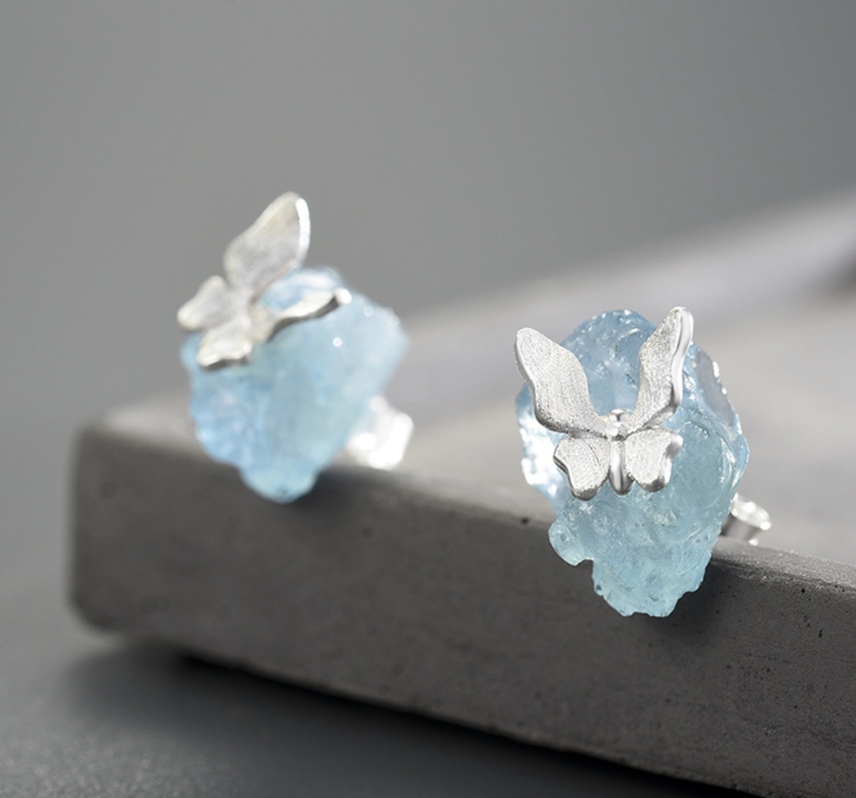 Arctic Butterfly Aquamarine Sterling Silver White Gold Plated Stud Earrings