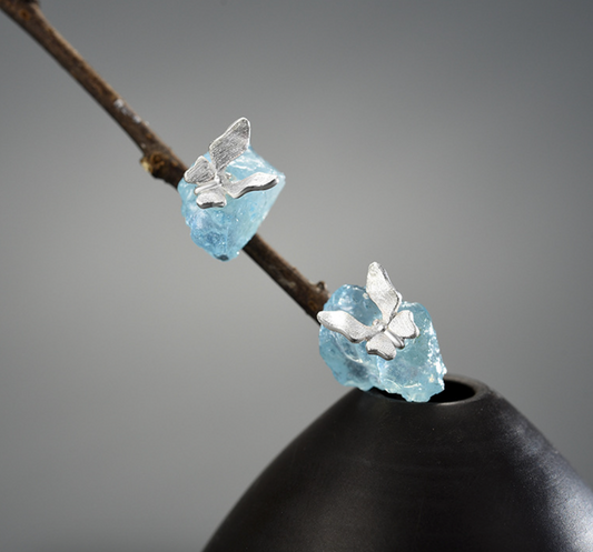 Arctic Butterfly Aquamarine Sterling Silver White Gold Plated Stud Earrings