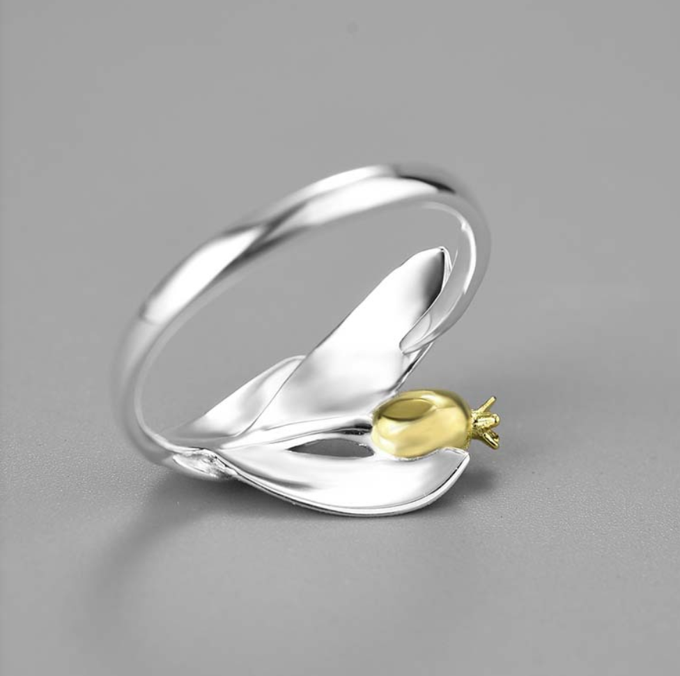 Golden Pomegranate & Silver Leaves Sterling Ring,Sterling Silver 18K Gold Plated