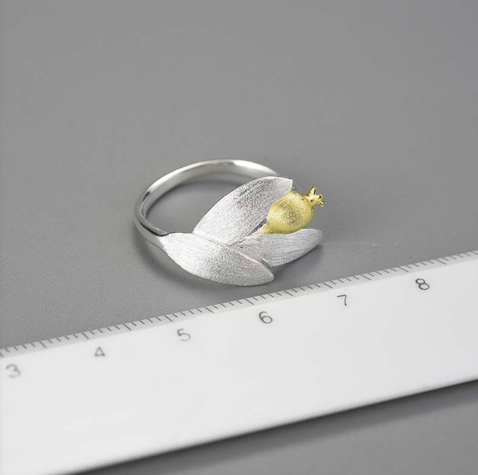 Golden Pomegranate & Silver Leaves Sterling Ring,Sterling Silver 18K Gold Plated