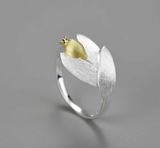 Golden Pomegranate & Silver Leaves Sterling Ring,Sterling Silver 18K Gold Plated