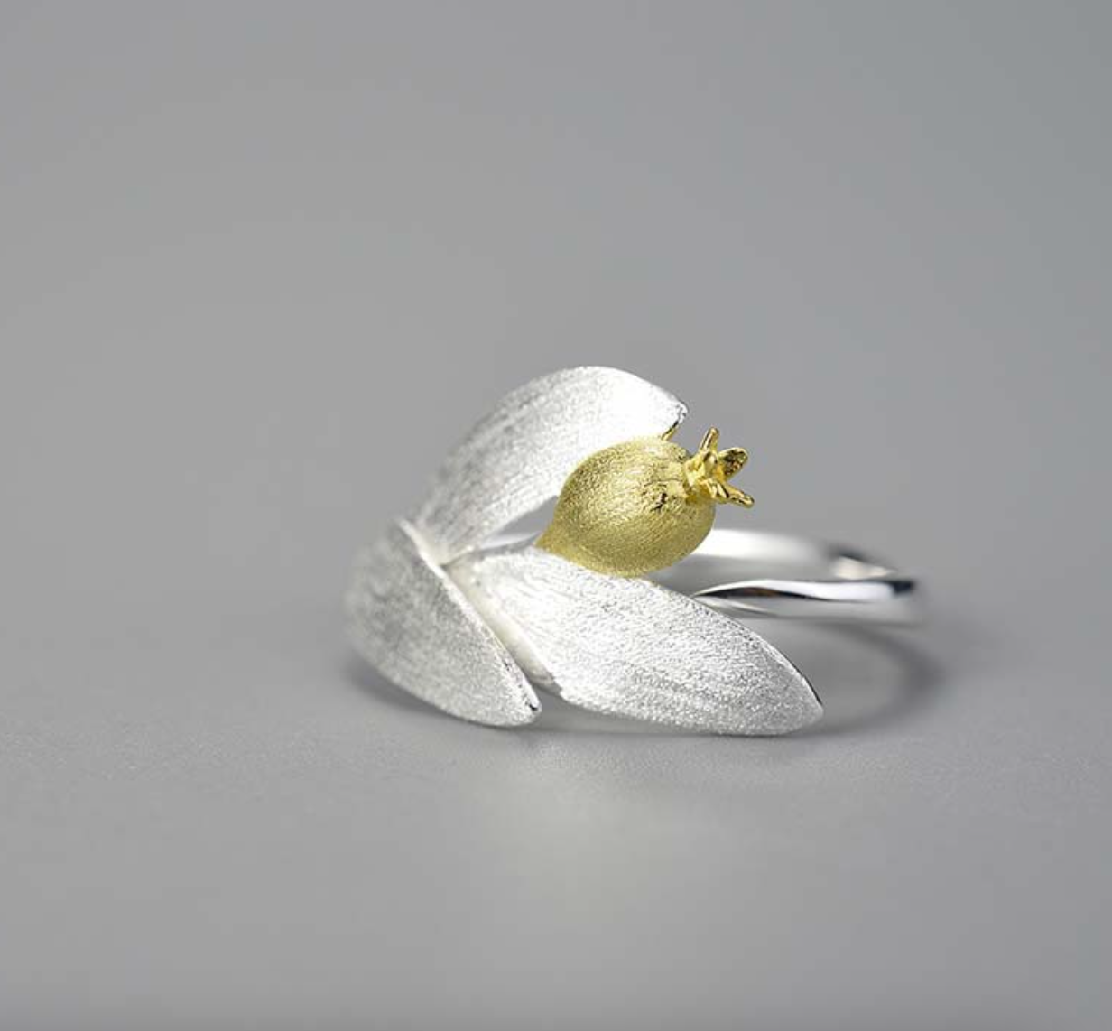 Golden Pomegranate & Silver Leaves Sterling Ring,Sterling Silver 18K Gold Plated