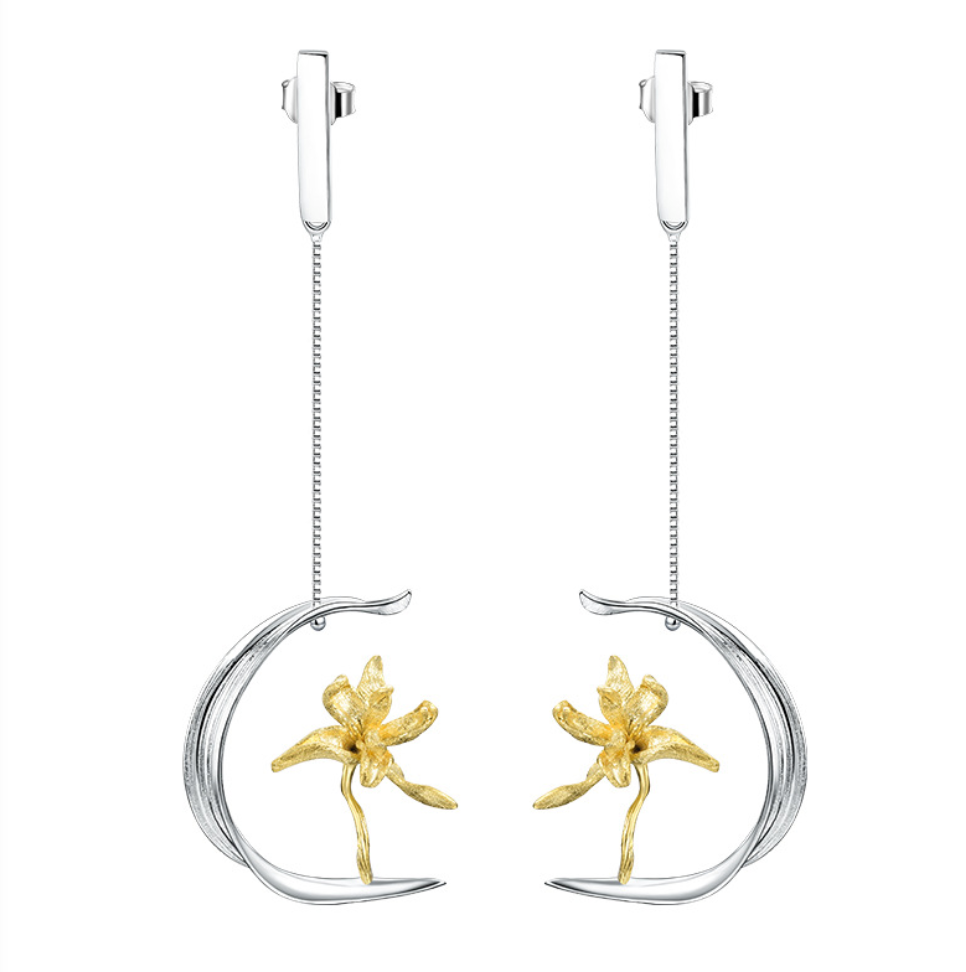 Golden Iris in Silver Crescent Chain Drop Earrings,Sterling Silver 18K Gold Plated