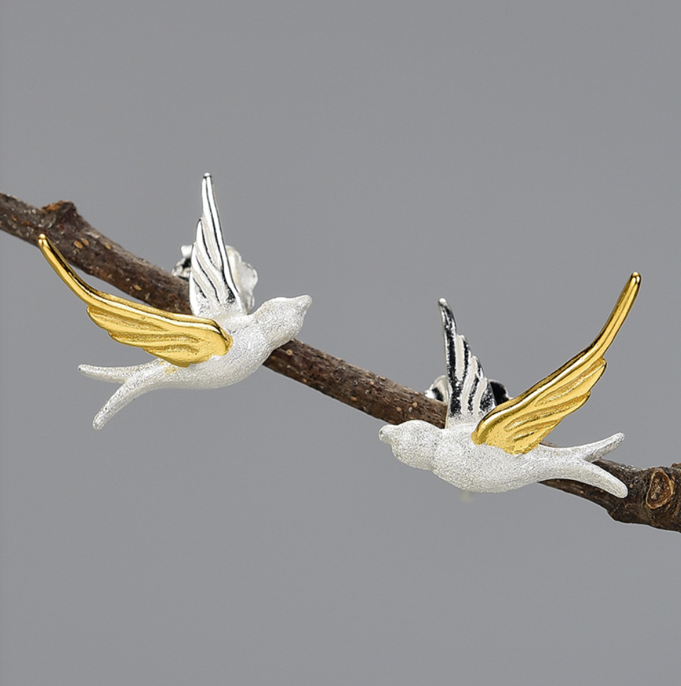 Silver Sparrow with Golden Wings Stud Earrings,Sterling Silver 18K Gold Plated