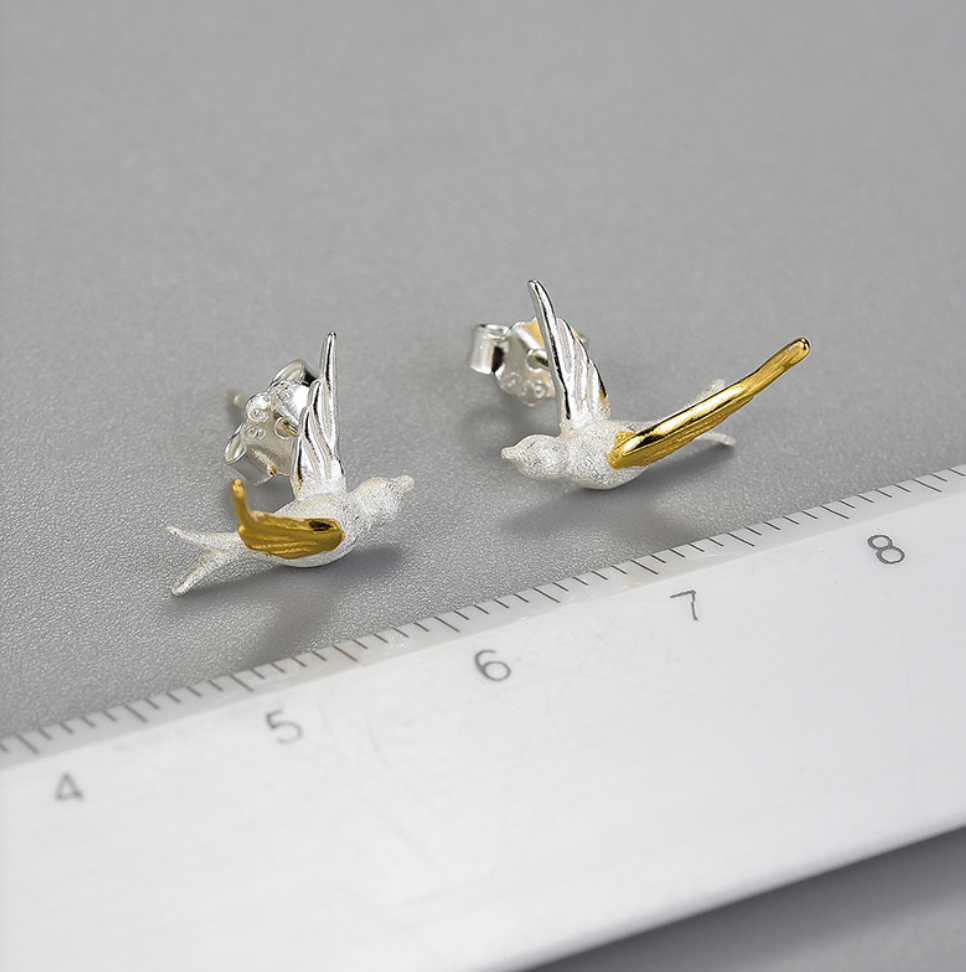 Silver Sparrow with Golden Wings Stud Earrings,Sterling Silver 18K Gold Plated