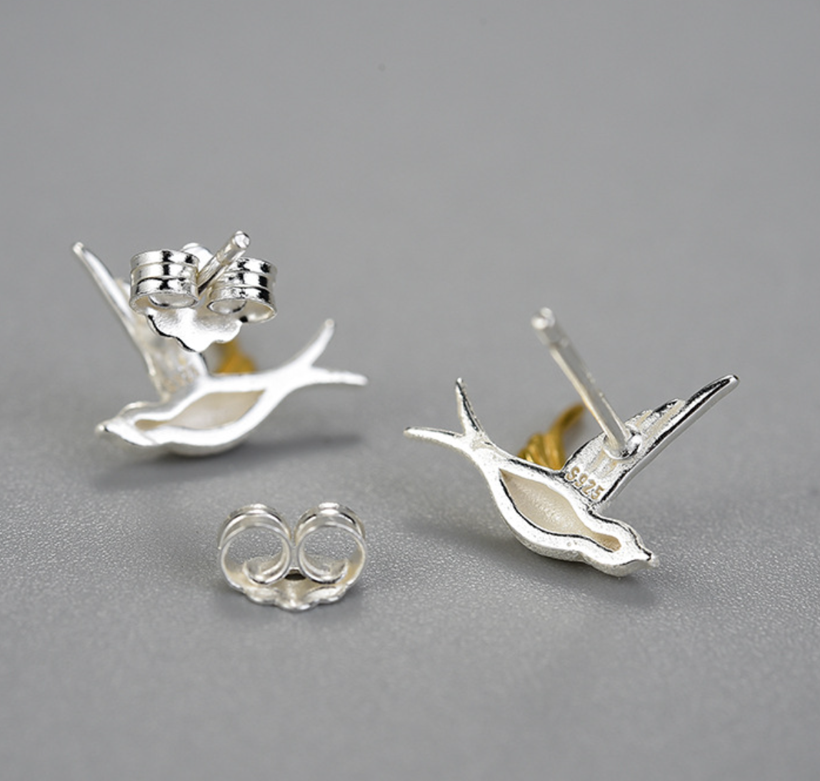 Silver Sparrow with Golden Wings Stud Earrings,Sterling Silver 18K Gold Plated