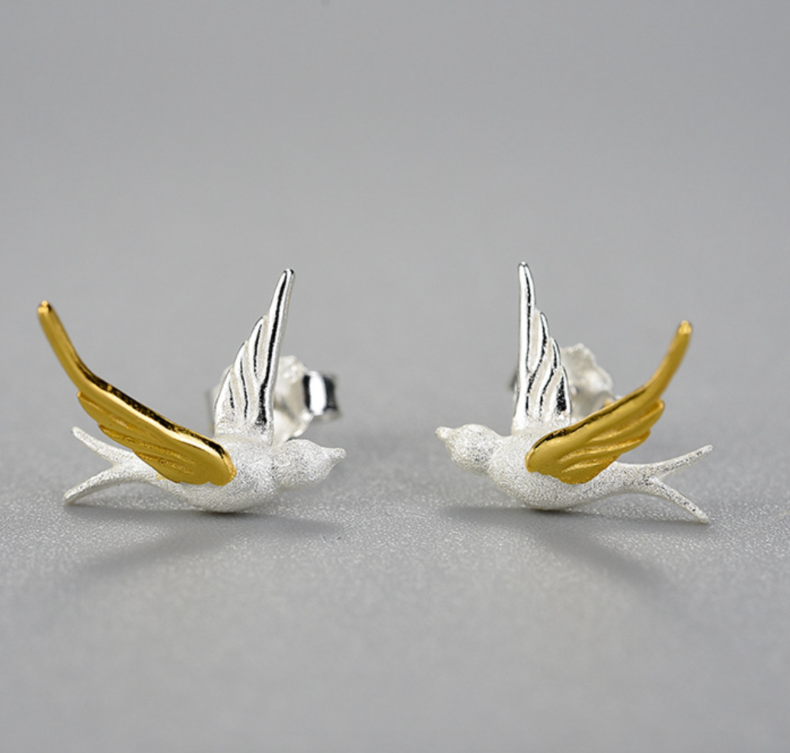 Silver Sparrow with Golden Wings Stud Earrings,Sterling Silver 18K Gold Plated